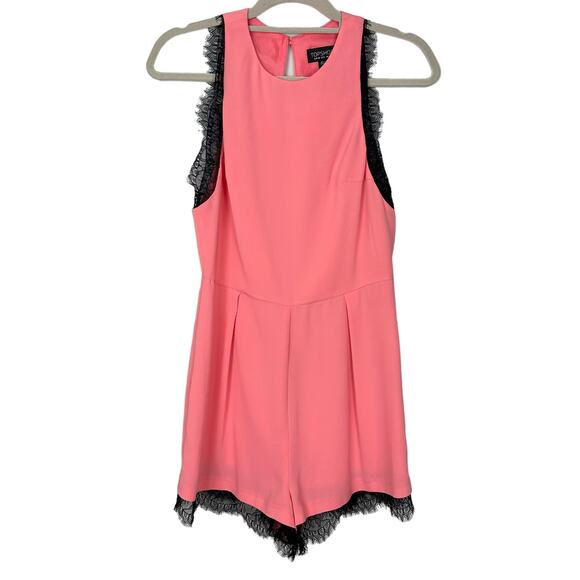 NWT Topshop Pink Sleeveless Romper Keyhole Back Black Lace Trim Sz 6 Boho Chic - Picture 2 of 14